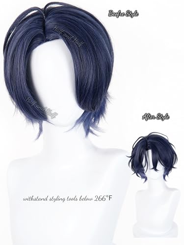 Image of Chitose Tsuzura Cosplay Wig Deep Blue and Purple Anime Game Wig for Men Navy Blue Layered Male Wigs with Bangs for Unisex Women Halloween Party