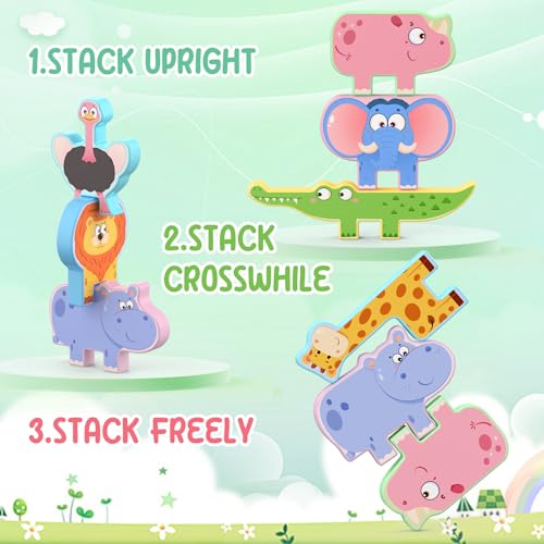 Zeoddler Montessori Toys for Toddlers, 10 Pack Wooden Animal Stacking Blocks, Sorting & Stacking Preschool Learning Activities, Gift for Boys, Girls