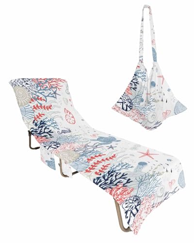 Coastal Turtle Coral Beach Chair Cover with Side Pockets, Microfiber & Quick Dry Pool Chaise Lounge Chair Towels Covers for Sun Sunbathing Patio Garden Hotel, Seaweed Starfish Jellyfish Red Blue White