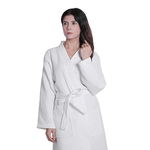 Looperry Unisex White Waffle Bathrobe (1 Piece) Luxurious & Lightweight Shower Robe in Organic Cotton Poly Blend2