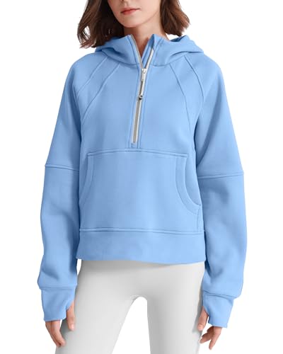 ISEEGZ Womens Fleece Lined Half Zip Hoodies Pullover Cotton Winter Warm Scuba Sweatshirt for Women with Thumbhole Pocket Light Purple