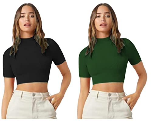Image of Dream Beauty Fashion Women's Combo Casual High Neck Short Sleeves Stylish Crop Top - Pack of 2-17 inch inches