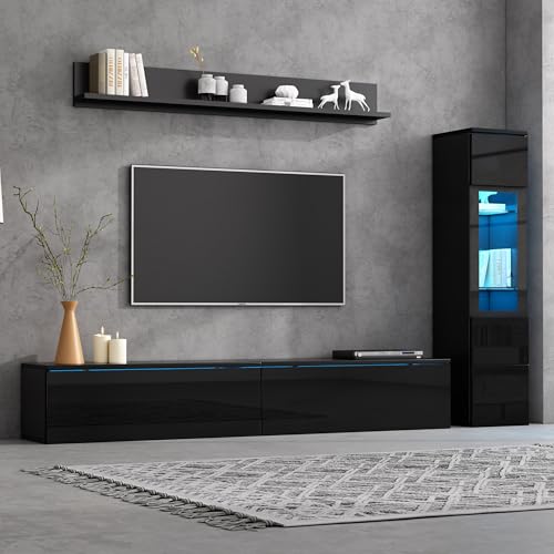 Merax Wohnwand 3er Set, Wohnzimmer Möbel Set, Hängend, 1x TV Lowboard, 1 x Hochschrank, 1x Wandboard, Wohnzimmermöbel Komplett, Elegante Schrankwand Mediawand mit LED-Licht, Viel Stauraum, Schwarz