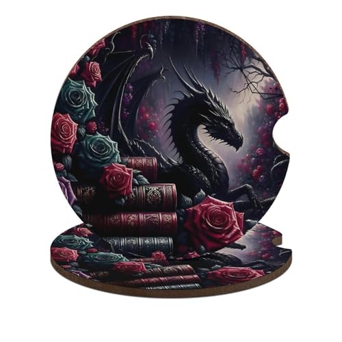 QIPVEKR Dragon Book Gothic Rose Car Cup Coaster, 2 Pack Absorbent Anti Slip Universal Car Interior Accessories, 2.6 Inch Cup Coaster for Auto Vehicles, SUV, Sedan, Truck