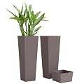 Outsunny 23.6 Inch Tall Planters for Outdoor Plants, Set of 2 Plastic Rattan-Like Flower Pots with Drainage Holes, Stackable Tapered Planters for Indoor Plants, Front Porch, Brown
