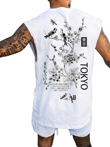 WDIRARA Men's Letter Floral Graphic Tank Top Crew Neck Sleeveless Summer T Shirts White Print Large