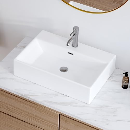 24' x 16.5' Bathroom Sink Vessel Rectangle, Eridanus Hang Wall Mount Sinks Countertop Vanity Floating Trough Washbasin, Ceramic Porcelain Modern White Art Basin Bowl with Overflow