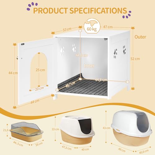 Hzuaneri Cat Litter Box Enclosure, 52 cm L Hidden Litter Box Furniture, Wooden Indoor Pet House with Front Arched Door, Side End Table, Nightstand for Living Room, Bedroom, White CB82213X - Image 3