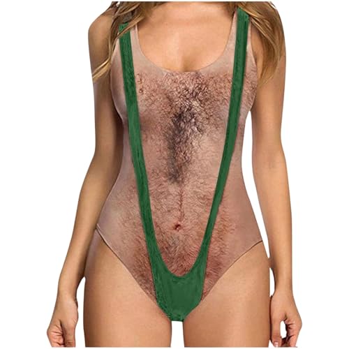 Borat Mankini Swimsuits for Women Funny One Piece Swimsuit Hairy Body Chest Printed Hippie Swimming Costume Ugly Furry Front Plus Size Swimwear Novelty Fake Muscles Bathing Suit Beachwear