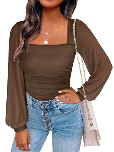 ANRABESS Womens Square Neck Mesh Long Sleeve Tops Double Lined Dressy Business Casual Blouses Shirts 2025 Fall Outfits Mocha Small