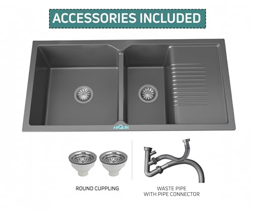 Image of ARQUIN Double Bowl Quartz with Drainboard Kitchen Sink 45x20x9 Inch Grey | Undermount,Topmount | Including Coupling,Sink Connector,Waste Pipe & Fruit Washing Basket