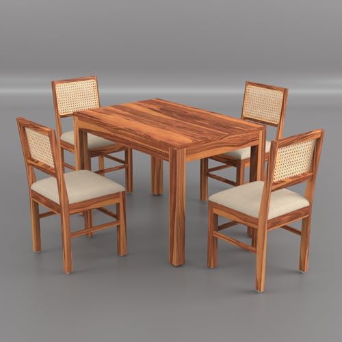 Image of Solid Wood Cane 4 Seater Dining Table Set | Four Seater Dining Table With 4 Cushions Chairs For Dining Room | 4 Seater Dining Set for Hotel Restaurant | Sheesham, D-Honey
