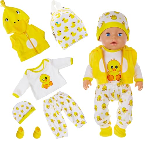 Roupa de boneca para bonecas de 14 a 17 polegadas, inclui parte superior, calças, colete, chapéu, mochila, meias, roupa de boneca de pato amarelo para recém-nascidos, 35 a 43 cm para crianças e