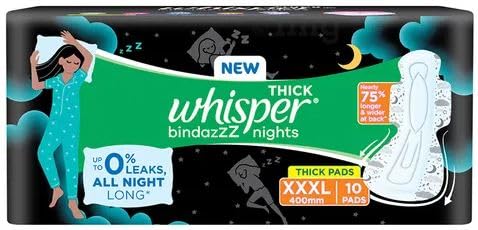WHISPER BINDAZZZ NIGHTS SANITARY PADS, 10 XXXL PADS, UPTO 0% LEAKS ALL NIGHT LONG, FOR HEAVY FLOW, 75% LONGER & WIDER BACK, COMFORTABLE CUSHIONY SOFT (B0CZLSZ5WC) Amazon Price History, Amazon Price Tracker