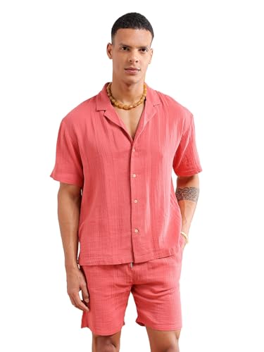 Image of The Indian Garage Co Men Regular Fit Solid Resort Wear Shirt & Boxers Co-ords Set
