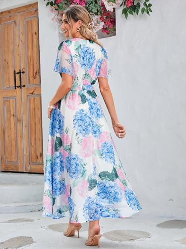 Image of Simplee Women's Boho Floral Maxi Dress Flowy Casual V Neck Short Sleeve Wedding Guest Holiday Beach Long Dress