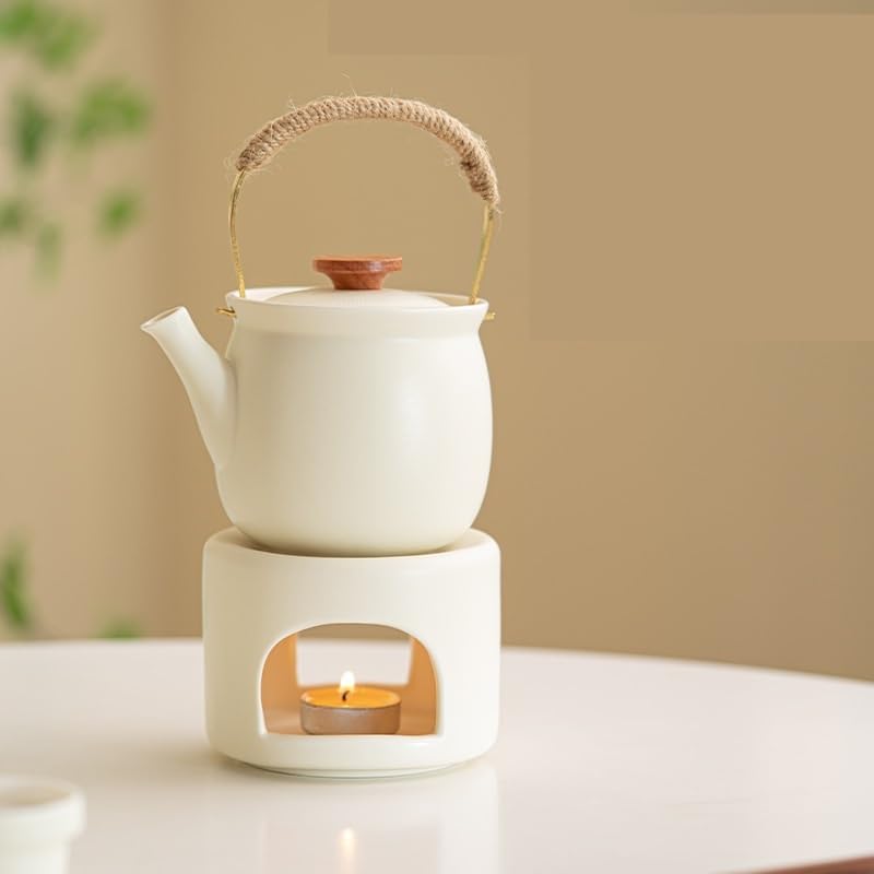 Zestaw do parzenia herbaty w czajniczku w kolorze kremowo-żółtym, podgrzewany świeczką, ceramiczna podstawka do parzenia herbaty, podgrzewana herbata, czajniczek do herbaty w piecu