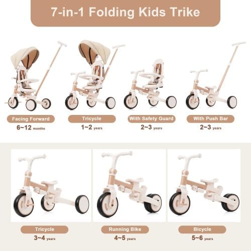 Diagram illustrating the 7-in-1 modes of the tricycle with age ranges.