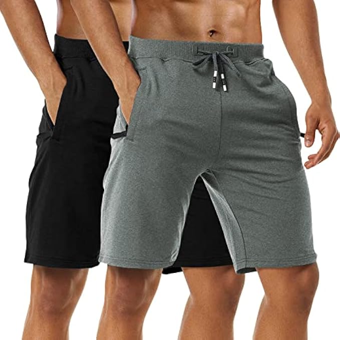 Boyzn Men's 2 Pack Athletic Shorts Comfortable Cotton Workout Shorts Elastic Waist Running Shorts with Zipper Pockets
