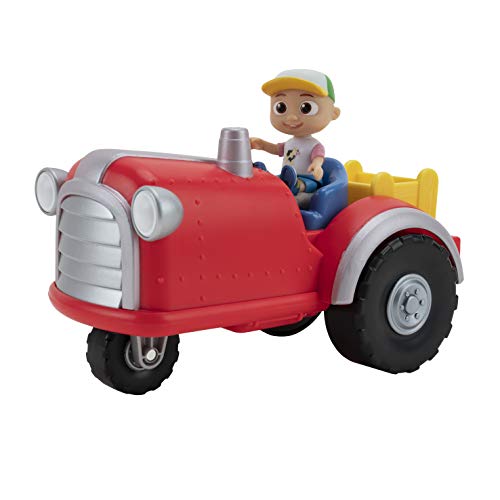 Bandai - CoComelon - Tracteur musical rouge - véhicule qui joue la chanson "Old MacDonald" (en anglais) et des sons d'animaux - Tracteur musical et sa figurine 7 cm - WT0038