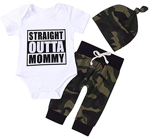 Cute 3pcs newborn baby boys letter print romper+camouflage pants+…