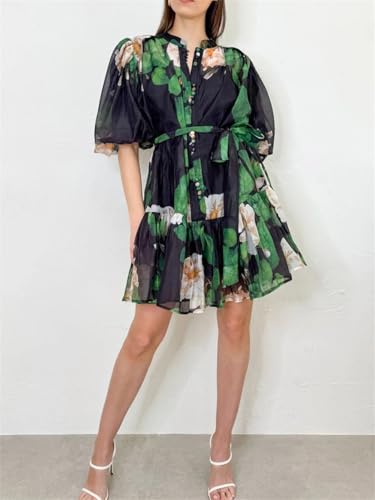 Single Breasted Lace Up Floral Print Dresses for Women Crewneck Short Sleeve High Waist Mini Dress2