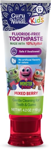Image of GuruNanda Kids Toothpaste for Toddlers with 10% Xylitol - Fluoride-Free, Mixed Berry Flavor, Safe if Swallowed, Gentle Formula for Young Teeth & Gums, 4.2 oz (Pack of 6)