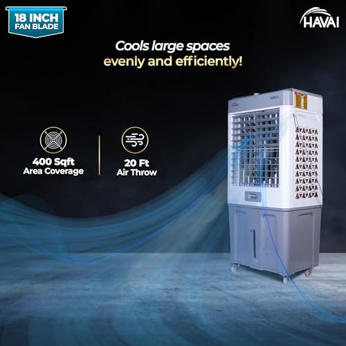 Image of HAVAI Thunder 18 Desert Cooler | 18 inch Heavy-Duty Aluminium Fan Blade | 110 Dia 35mm Powerful Motor | Auto Swing | 3-Side Honeycomb | 20 Ft Air Throw | 100L Tank | 1-Year Motor Warranty | White & Grey