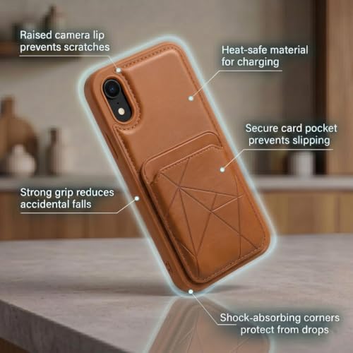 Image of amazon basics Premium Vegan Leather Back Cover with Card Holder and Integrated Mobile Stand for iPhone XR - Slim Shockproof Wallet Case with Geometric Stitching [Tan]