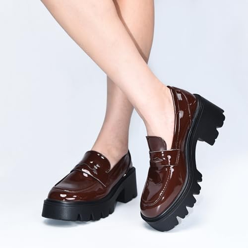 Image of Black Penny Loafers for Women - Women's Slip-On Platform Patent Leather Loafers, Chunky Comfort Shoes for Work & Dressy Occasions