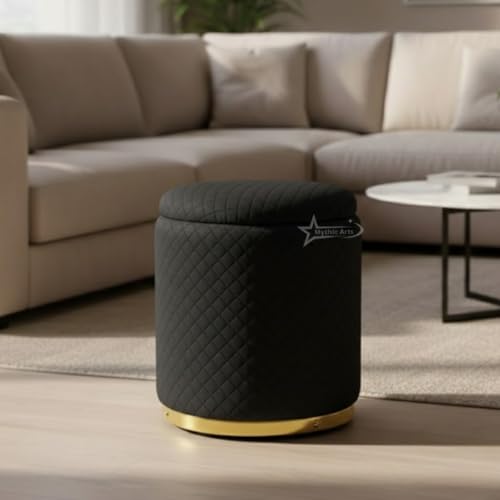 Image of Premium Round Storage Ottoman Stool 13 X 13X 16 inch, with Gold Metal Base | Luxury Pouffe with Hidden Storage | Cushioned Footrest for Living Room, Bedroom & Lounge Black