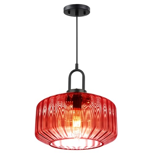 Qufute Kitchen Island Pendant Light Fixture Red Glass Hanging Lights with 11" Hand Blown Glass Shade Vintage Modern Ceiling Pendant Lighting Black Metal Finish Dining Room Adjustable Height