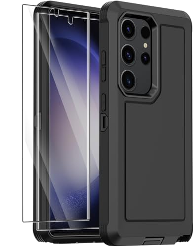 Annymall for Samsung Galaxy S23 Ultra Case with 2 Screen Protector, Heavy Duty Shockproof Drop Protection Dust Proof Military Grade Multi-Layer Rugged Bumpers Protective Phone Cover (Black)
