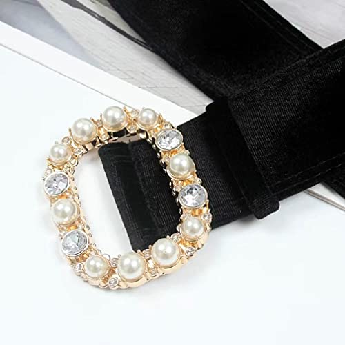 Women Vintage Velvet 2In Wide Waist Belts For Dress Shirt Rhinestone Pearl Circle Buckle Leather Waistband Cinch Belt4