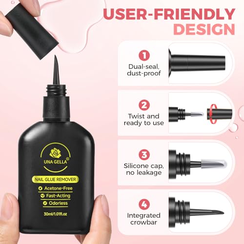 Image of UNA GELLA Press On Nail Glue Remover Built-in-crowbar 30ML Acetone-Free Gentle Soak Off Gel Nail Glue Polish Remover for Nail Tip Adhesive Glue Easily Home DIY Not for U /V Nail Polish