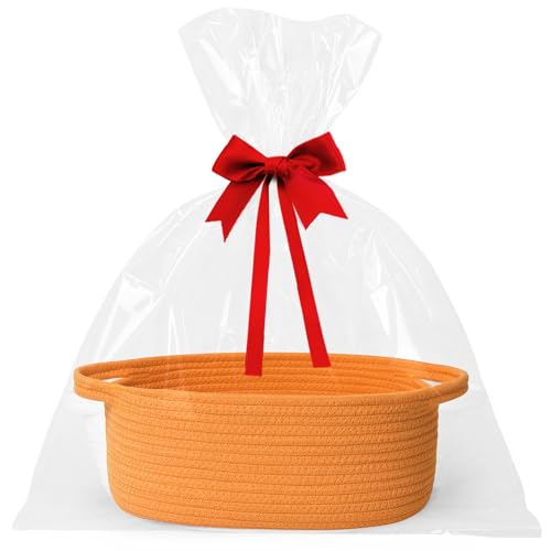 Image of WILLITAT Orange Basket for Gifts Empty, 13 inchx 9 inchx 5 inch Small Woven Gift Basket with Bag and Ribbon, Cotton Rope Dog Cat Toy Bin Box, Cute Baby Nursery Organizer, Decorative Storage with Handles, Orange