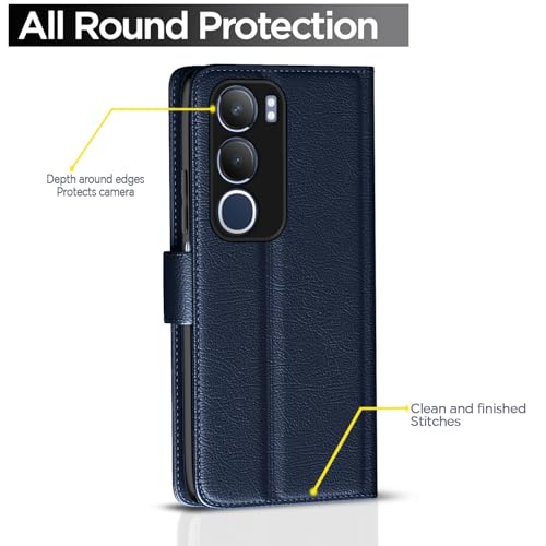 Image of Pikkme Flip Cover Leather Finish | Inside TPU with Card Pockets | Wallet Stand and Shock Proof | Complete Protection Button Flip Case for Vivo Y19s(Blue)
