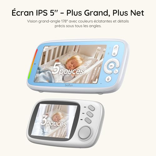 BOIFUN Babyphone Camera sans WiFi ni Ondes 5" 720P IPS (Modèle Amélioré), Vision Nocturne Infrarouge Invisible, Camera Bebe 360°, Batterie Longue Durée 24h, Portée Longue Distance, Audio Clair – vue 7