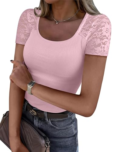 ANRABESS Womens Short Sleeve Shirts Scoop Neck Lace Going Out Tops Slim Fit Rib Knit Casual Tee 2026 Summer Fashion Outfits Large Pink