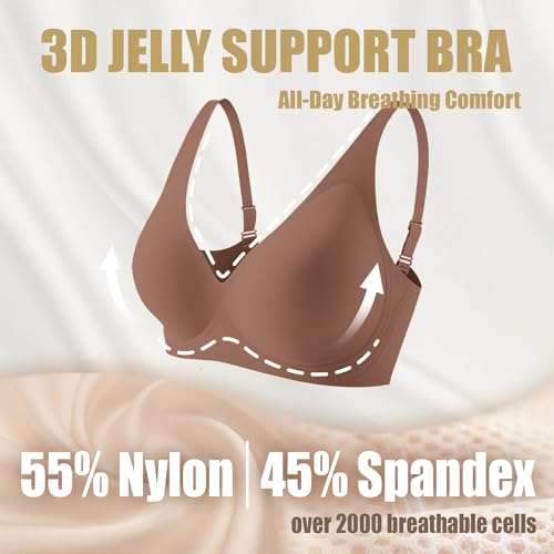 Jelly Wireless Bra for Women Deep V Push Up Seamless T-Shirt Bras Comfortable Plunge No Underwire Bra with Adjustable Straps Everyday Bras Coffee