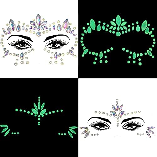 4 Pack Mermaid Face Gems Glitter, Face Gems Glow in the Dark Halloween Face Stickers Set, Crystals Face Stickers for Eyes Face Body Temporary Tattoos
