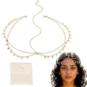 JOOTUEPO Gold Göttin Kopfkette, Pailletten Boho Quaste Haarkette, Wahrsagerin Kopfschmuck, Gold Cleopatra Kopfschmuck, Boho Kopfkette, Festival Kostüm Haarschmuck für Frauen und Mädchen