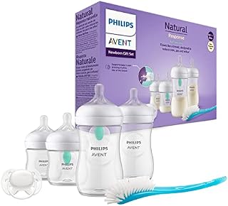 Philips Avent Zestaw butelek Natural z Responsywnym smoczkiem z nakładką antykolkową AirFree4 butelki z nakładką AirFree, smoczek Ultra Soft, szczotka do butelek. Wiek 0 12 mies.+ (model SCD657/11)