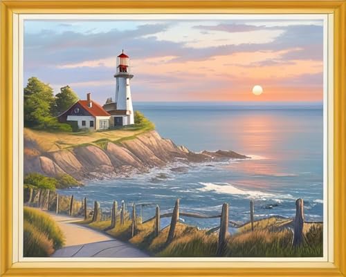 Joyhoor Cross Stitch Kits for Beginners Stamped Cross-Stitch Supplies Needlework preprint Embroidery Kits for Adults DIY Needlepoint Kits Embroidery Patterns 11CT-Lighthouse Sunrise 16x20 inch