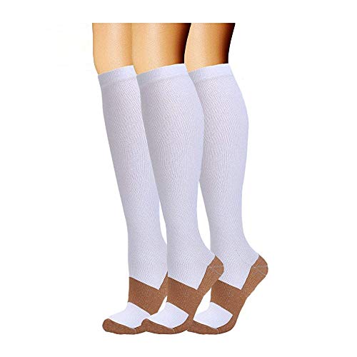 HHMAI Copper Compression Socks for Men & Women,15-20mmHg Anti-Fatigue Socks,Best for Running,Medical,Pregnancy,Travel and Athletic,3 Pairs (White, S/M)