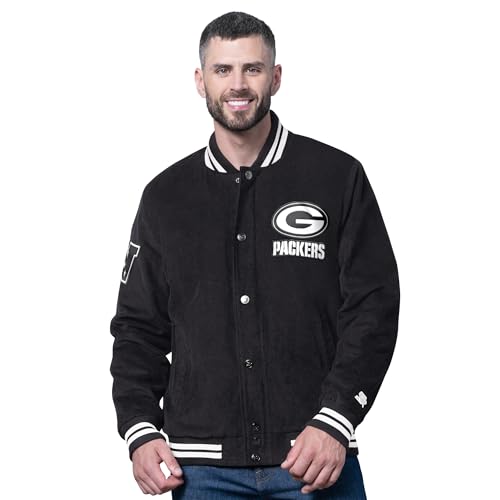 STARTER Men's Black Green Bay Packers Blackout Corduroy Full-Snap Varsity Jacket