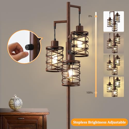 Image of Oneach 70 inch Industrial Floor Lamp, Stepless Dimmable Standing Lamp with 3 Bulbs, Farmhouse Corner Standing Tree Lamp for Living Room, Tall Lamps for Bedroom, Office, Study Room, Dining Room