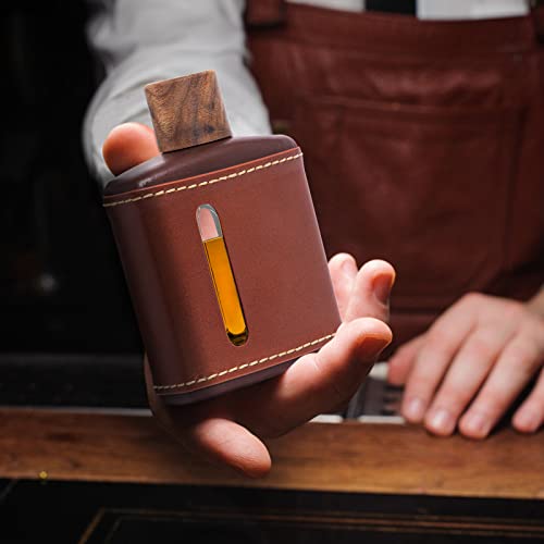 Handmade Genuine Leather Hip Flasks For Liquor For Men, Glass Whiskey Flask With Funnel & Wood Lids Leakproof For Hennessy Liquor & Spirits, Premium Flask Set Gifts Idea For Men (Brown, 100Ml) #TOP2
