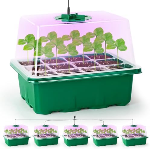 Bonviee 5 Packs Seed Starter Tray with Plant Light, Elevated Seedling Starter Trays Kits with Adjustable Humidity Domes and Clear Cell Tray, 12 Full Spectrum led lamp Beads for Plants Indoor-Green