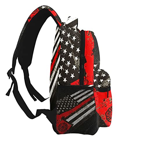 USA Thin Red Line Firefighter Axe Pattern Casual School Backpack Bag, Laptop Hiking Travel Shoulder Daypack College Bookbag for Men Woman Girls Boys Teens3